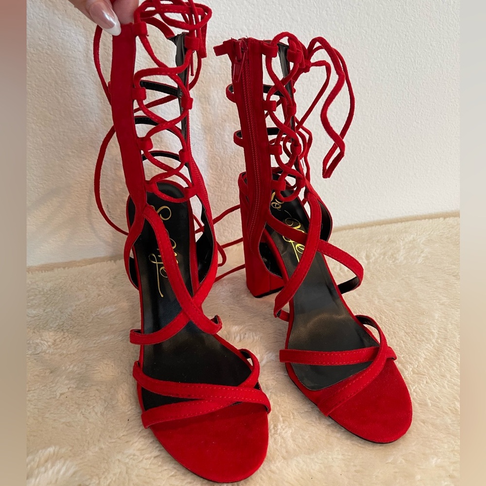 US 9.0 Red STRAPPY Heels NWOT